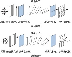 液晶 VOA 加電前后分子排列對(duì)比，展示偏振調(diào)控原理