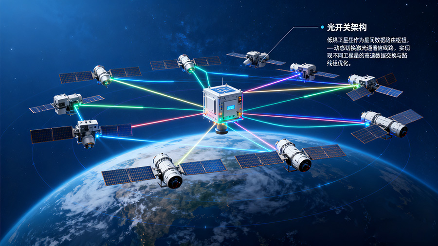 低軌衛(wèi)星星座光開(kāi)關(guān)部署架構(gòu)，展示光開(kāi)關(guān)在星間組網(wǎng)中的關(guān)鍵作用