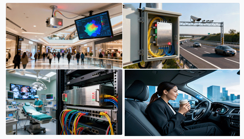 光開(kāi)關(guān)在室內(nèi)定位、智能交通、醫(yī)療通信等典型場(chǎng)景示意圖 - 廣西科毅