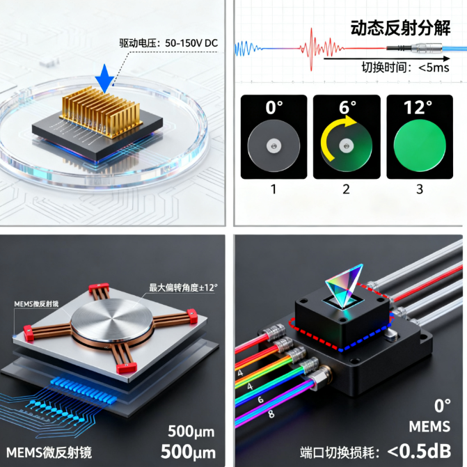 MEMS光開關(guān)工作原理靜電驅(qū)動(dòng)微反射鏡光路切換光通信 MEMS光開關(guān)工作原理靜電驅(qū)動(dòng)微反射鏡光路切換光通信