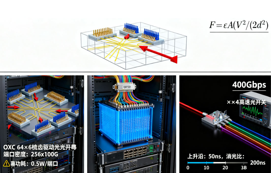 靜電梳齒驅(qū)動(dòng)光開關(guān)結(jié)構(gòu)示意圖高速光開關(guān)數(shù)據(jù)中心OXC 靜電梳齒驅(qū)動(dòng)光開關(guān)結(jié)構(gòu)示意圖高速光開關(guān)數(shù)據(jù)中心OXC